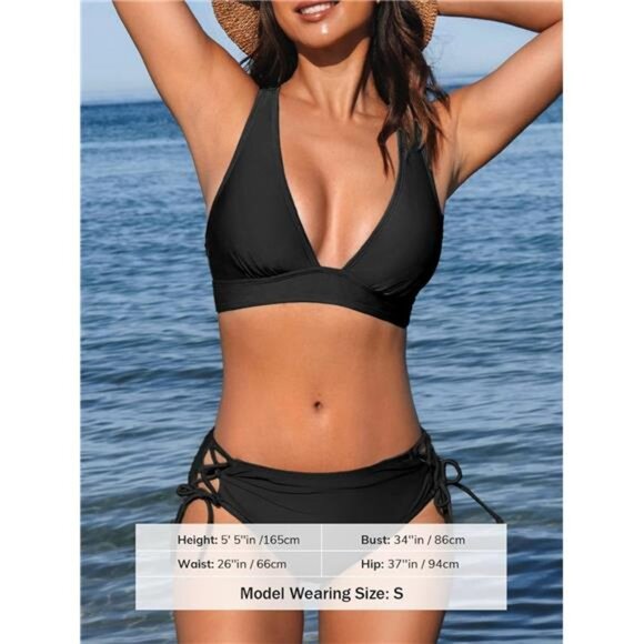 Women Bikini Black Two Piece Swimsuit V Neck Triangle Top Wide‎ Strap Cross Back - Picture 4 of 6